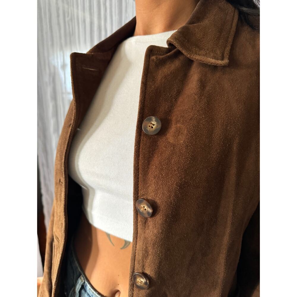 Vintage 90's Chocolate Brown Suede Leather Button-Down Shirt Jacket Shacket